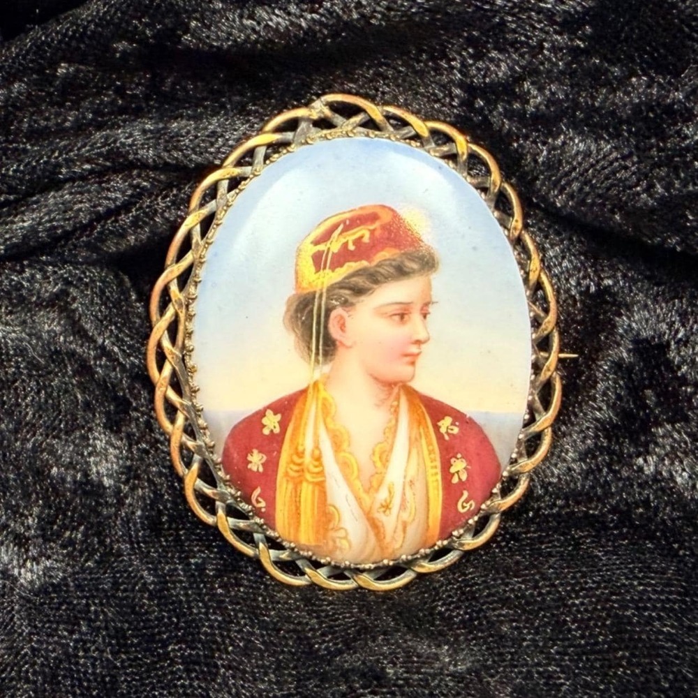 Antique Hand Painted Porcelain Portrait Brooch Woman Greek Ottoman Costume - Picture 2 of 11